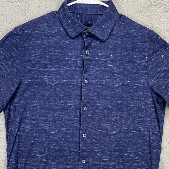 Bugatchi Mens Button Up Shirt Large Navy Blue Short Sleeve 8 Way Stretch Casual